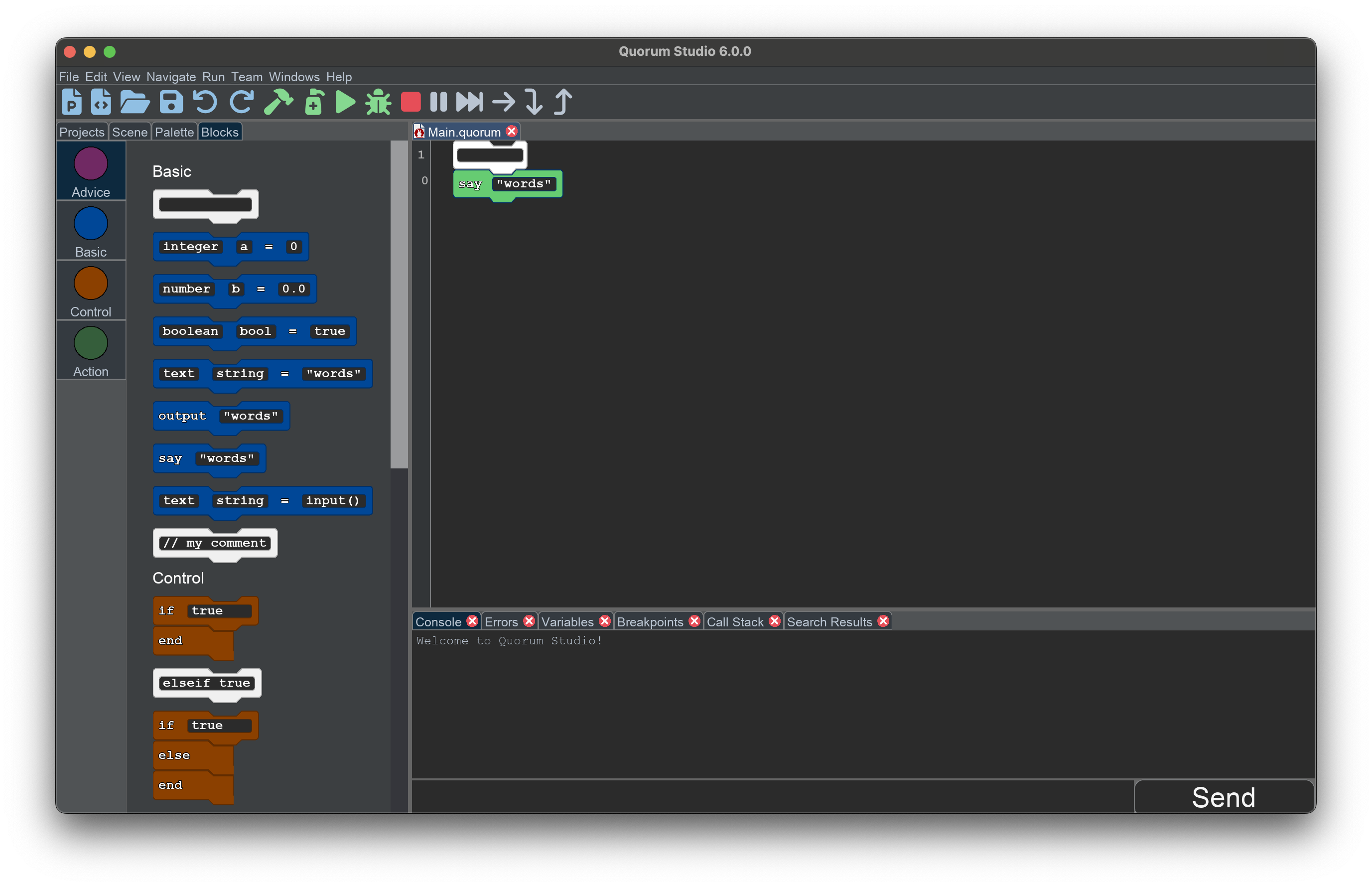 The notable piece of this screenshot is that there is a green say block on the screen in the editor. This block can be moved up or down with the arrow keys and placed inside with Enter. Note that the screen reader reads the current cursor, not information about the block, in order to provide information about where it is being placed. The escape key gets rid of the addition.